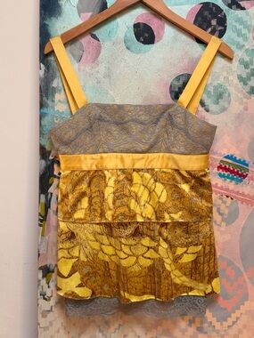 Just Cavalli Y2K Vintage Animal Print Top Sz Small Yellow Gold Satin Lace